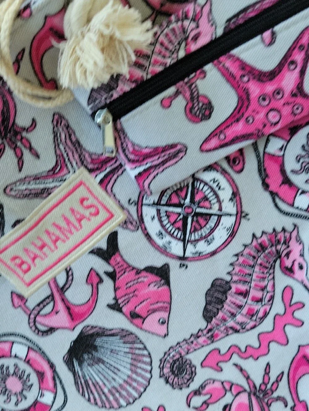 Bahamas Pink Nautical Large Canvas Tote with Rope Handles